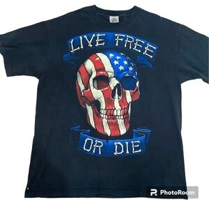 Vintage Liquid Blue USA American Flag Skull T Shirt  Live Free‎ Or Die XL 2003